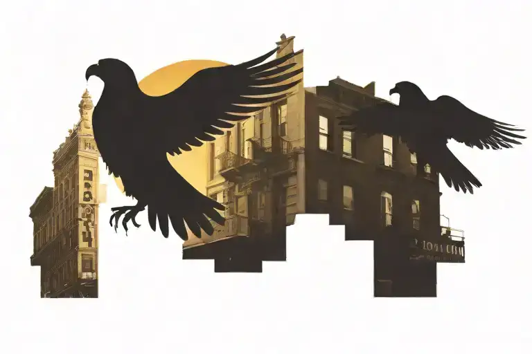 in full color, a street scene of Harlem''s Apollo Theatre in the golden hour with a hawk flying in front of the sun tattoo design idea