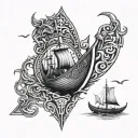 viking style border with various scenes mixed in such as longboats,shields,swords,animals and monsters fine art tribal  tattoo design idea