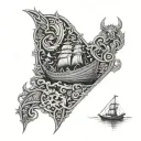 viking style border with various scenes mixed in such as longboats,shields,swords,animals and monsters fine art tribal  tattoo design idea