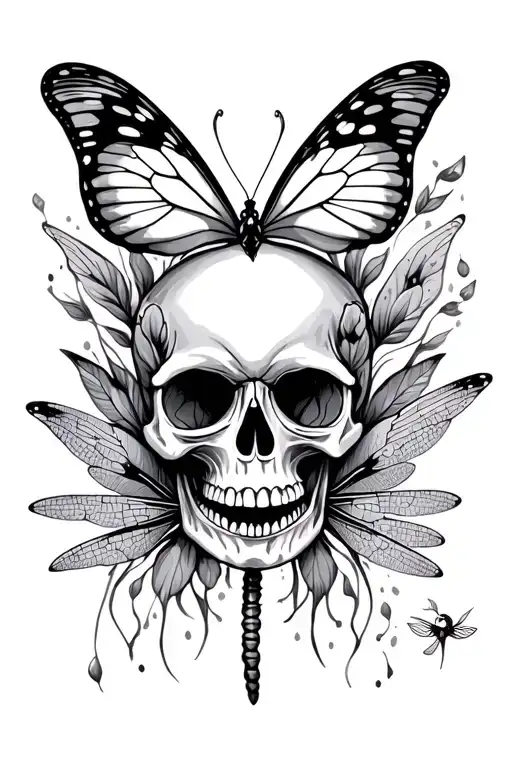 butterfly, skull, dragonfly, mystical tattoo design idea