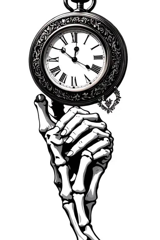skeleton hand and human hand pinky promise with until we meet again going around the pinky promise with a pocket watch a tattoo design idea