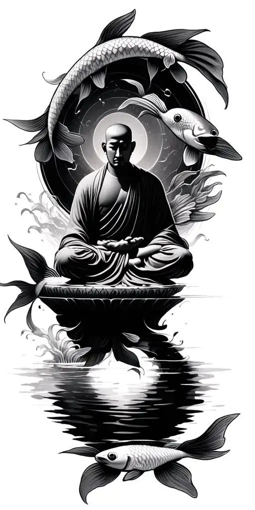 poseiden circled by two koi fish with meditating monk surrounded by Libar scale tattoo design idea
