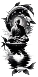 poseiden circled by two koi fish with meditating monk surrounded by Libar scale tattoo design idea