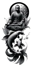 poseiden circled by two koi fish with meditating monk surrounded by Libar scale tattoo design idea