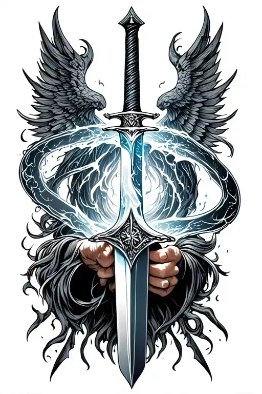 Tattoo design, detailed black and gray linework, Narsil sword broken and reforged, held by Aragorn, the One Ring glowing tattoo design idea