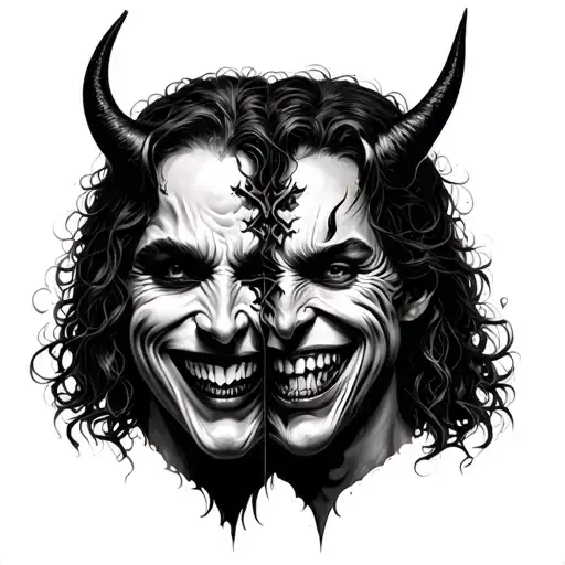 Two faces merged together into one, both smiling and have demonic faces. 4k, gothic art, gustav dore style tattoo design idea