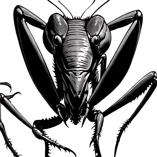 realistic praying mantis mid-strike, claws extended, with subtle motion lines to show speed. The mantis should look aggr tattoo design idea