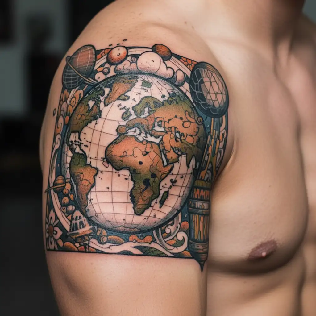a drawing that shows the earth from space. in this drawing there will be skyscrapers rising from the earth and all of th tattoo design idea