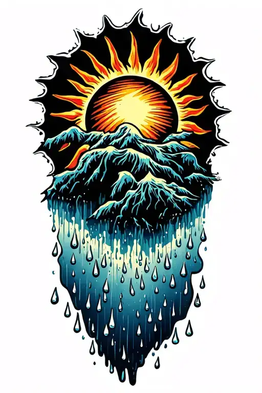 a sun melting into rain drops. tattoo design idea