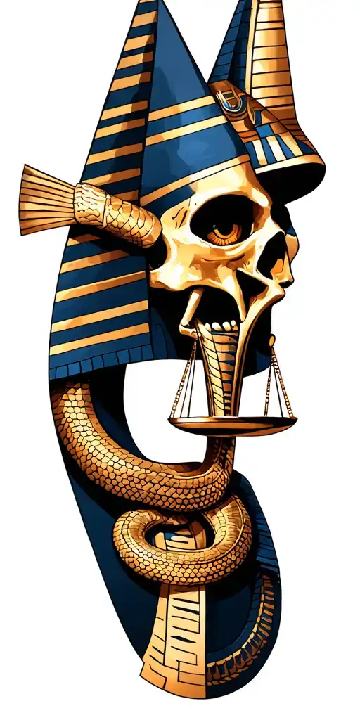 Anubis , ankh , pyramids of Giza, scale showing balance, eye of rah , Egyptian cobra around skull tattoo design idea