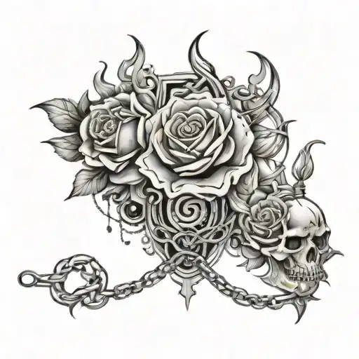 Tattoo design with a gothic and gangster theme: intricate background of roses, flames, and chains, combined with detaile tattoo design idea
