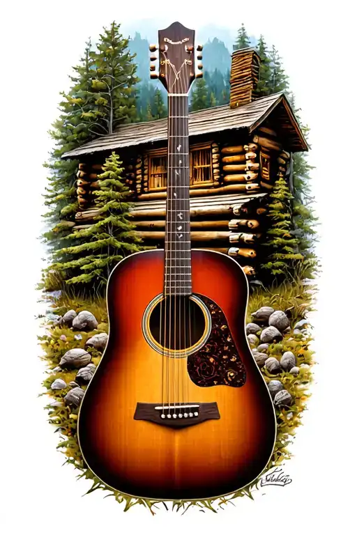 accoustic guitar surrounded by log cabin scene  tattoo design idea