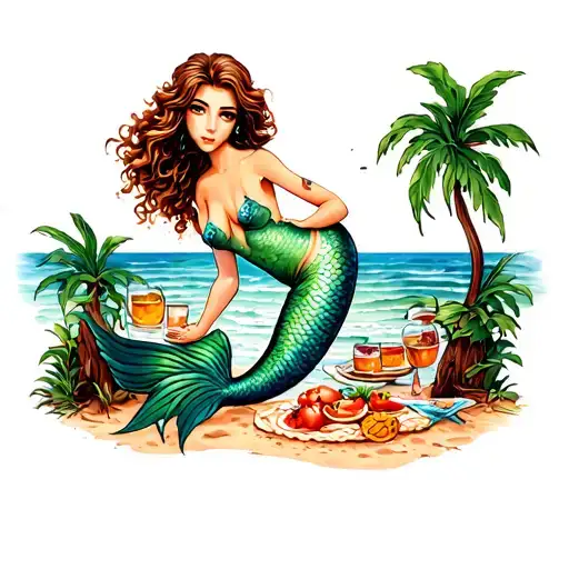 mermaid having picnic on beach scene tattoo design idea