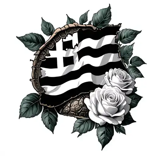 Greek flag but ripped effect surrounded by white roses and turtle shell pattern to fill the background on a mans forearm tattoo design idea