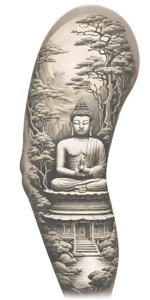 Buddhist inspired and representing someone's spiritual journey. focus on nature scenary. tattoo design idea