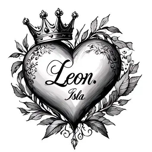 "Leon, Isla" full sleeve, erotic, heart, crown surrounded tattoo design idea