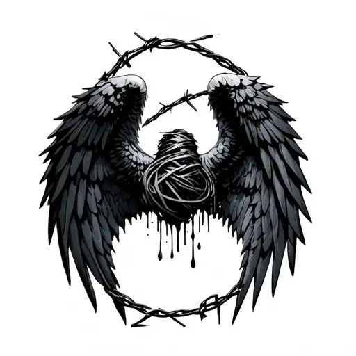 bleeding black angel wings wrapped in barbed wire tattoo design idea