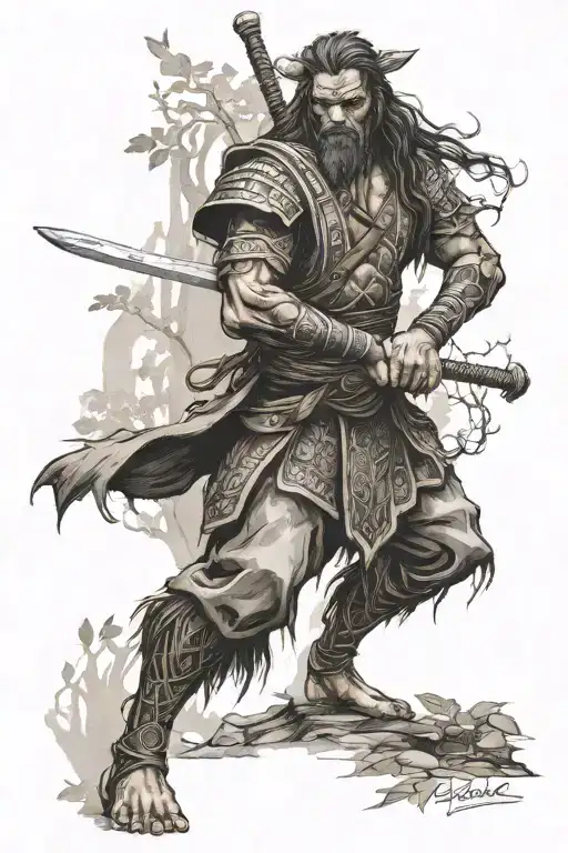 Ancient warrior practicing martial arts in a mystical forest tattoo design idea