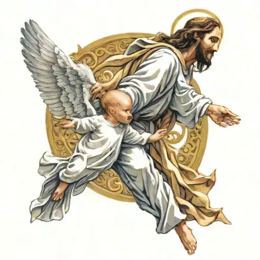 Jesus holding a baby boy with golden gates doves flying tattoo design idea