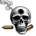 weathered skull facing forward jaw hanging open bullet hole in left side of forehead smoking .40cal casing falls tattoo design idea