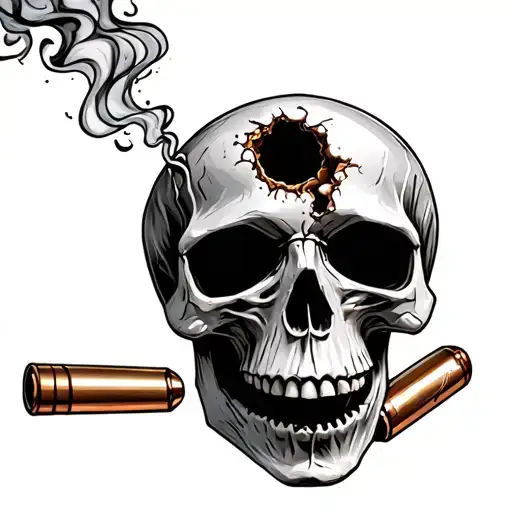 weathered skull facing forward jaw hanging open bullet hole in left side of forehead smoking .40cal casing falls tattoo design idea