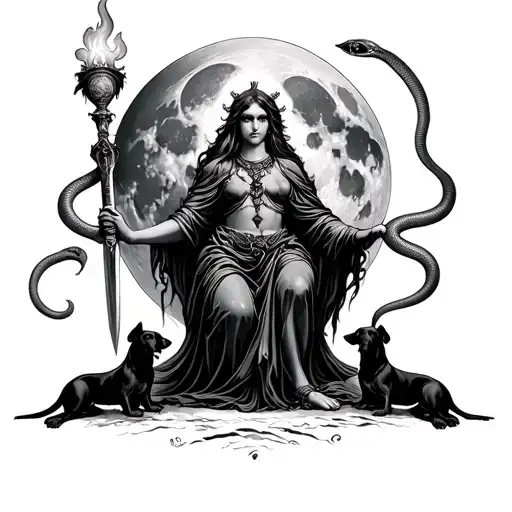 goddess Hecate holding torch and dagger snake hanging loosely around her neck triple moon above head black dogs at feet tattoo design idea