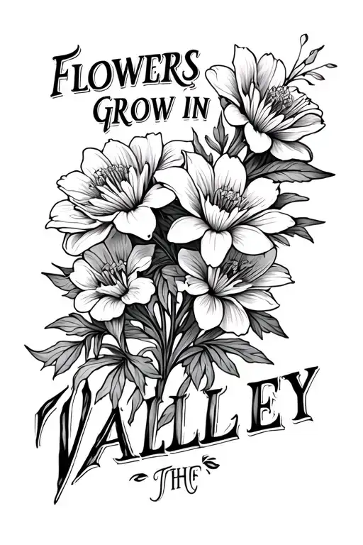"Flowers Grow In The Valley" water Lillie's and carnations line work simple for a spinal tattoo with the flowers growing around the words tattoo design idea