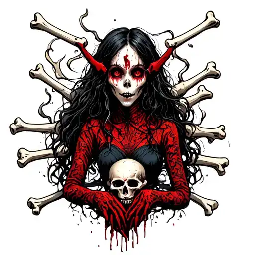 evil girl surrounded by bones and skulls  tattoo design idea