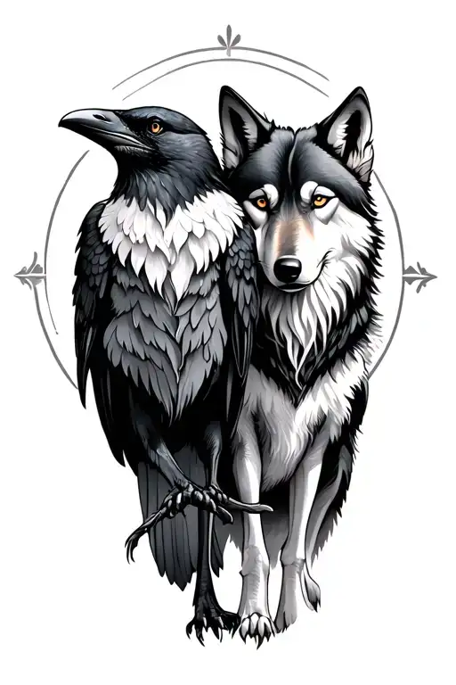 raven and a wolf standing side by side tattoo design idea