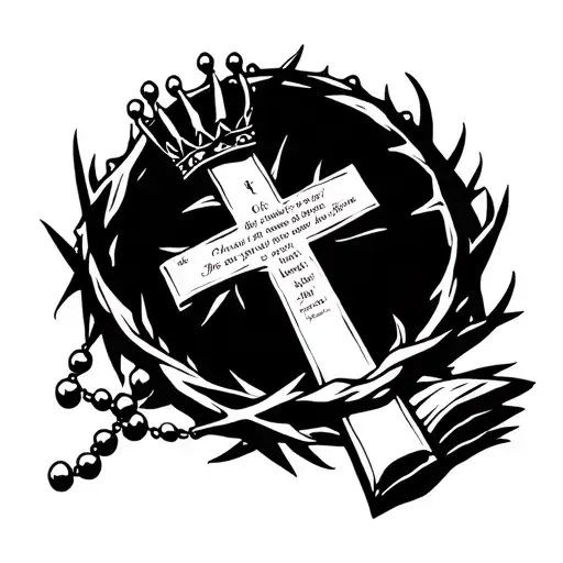 cross with crown of thorns and rosary wrapped around it and a Bible verse reference number on the cross somewhere tattoo design idea