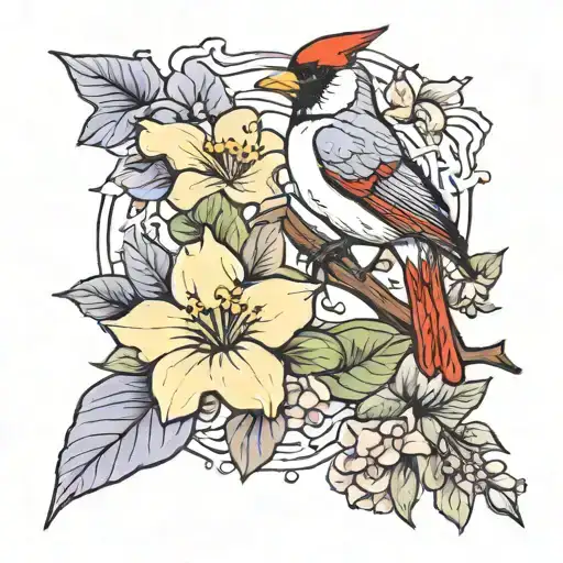 lilac flower and moonflower with a cardinal bird on a branch tattoo design idea
