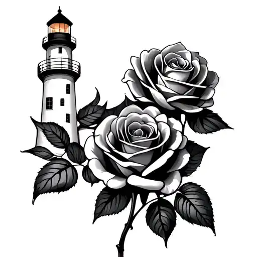 light house with 3 roses tattoo design idea