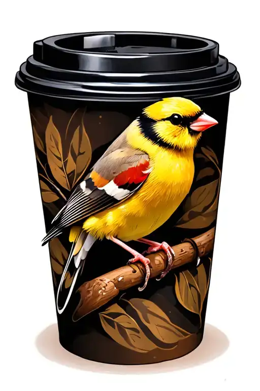 gold finch on an espresso coffee cup tattoo design idea