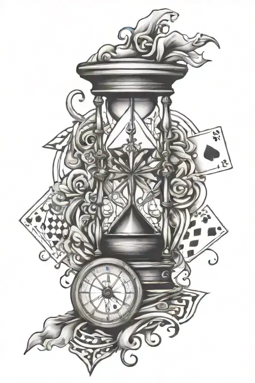 broken hour glass, playing card, compass tattoo design idea