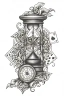 broken hour glass, playing card, compass tattoo design idea