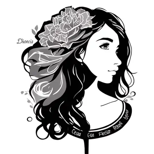 Girl silhouette with the names of their grandparents Dionicia Cesar Federico and Rosa tattoo design idea