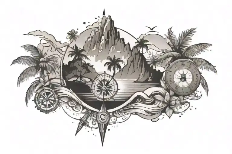 beach with palm tree, mountain with waterfall, compass with cordinate, breast cancer symbol tattoo design idea