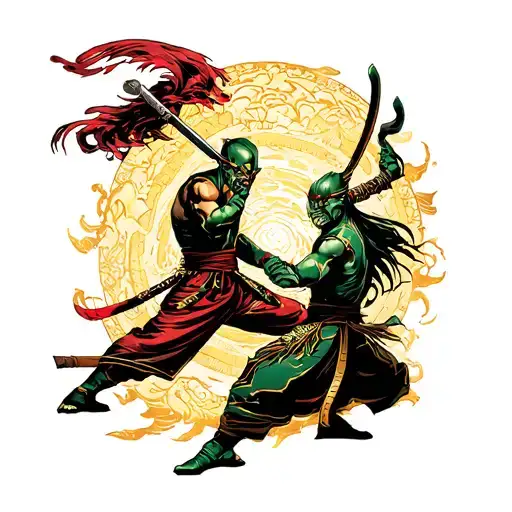 raiden and Jade fighting mortal kombat tattoo design idea