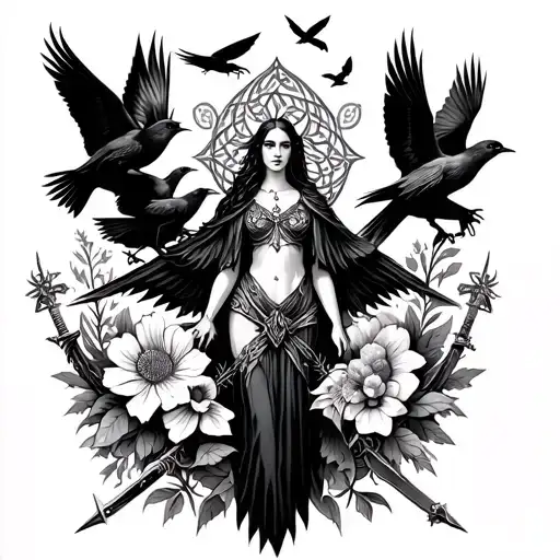 an image of the Celtic Goddess, the Morrigan. Surrounded by her associated flowers, weapons and multiple flying crows.  tattoo design idea