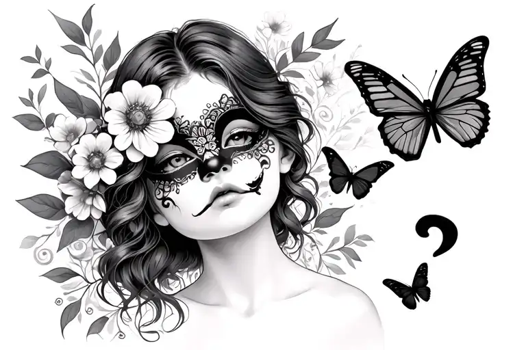 happy and sad mask girl with flowers butterflies and a semicolon  tattoo design idea