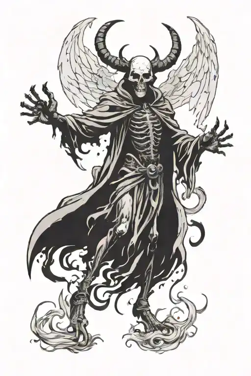 full body image of a haunting shadow figure with devil horns, glowing white eyes depicting death and big devilish wings  tattoo design idea