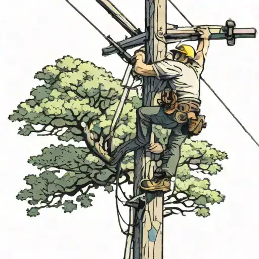 lineman working on pole in rural area with trees around  tattoo design idea