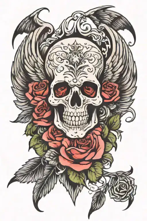 skull rose wings  tattoo design idea