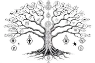 A sketch of a celestial family tree, with baobab branches intertwining with Celtic and African astrology symbols for each family member's zodiac sign, illustrating the deep spiritual bond shared between family and the universe tattoo design idea