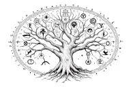A sketch of a celestial family tree, with baobab branches intertwining with Celtic and African astrology symbols for each family member's zodiac sign, illustrating the deep spiritual bond shared between family and the universe tattoo design idea