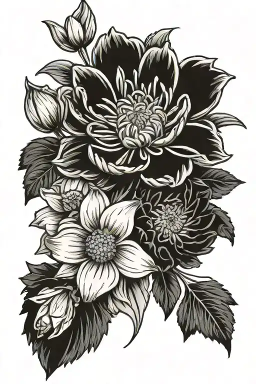 1 chrysanthemum flower, 2 daffodil flowers, 1 violet flower, 2 asters, 1 daisy tattoo design idea