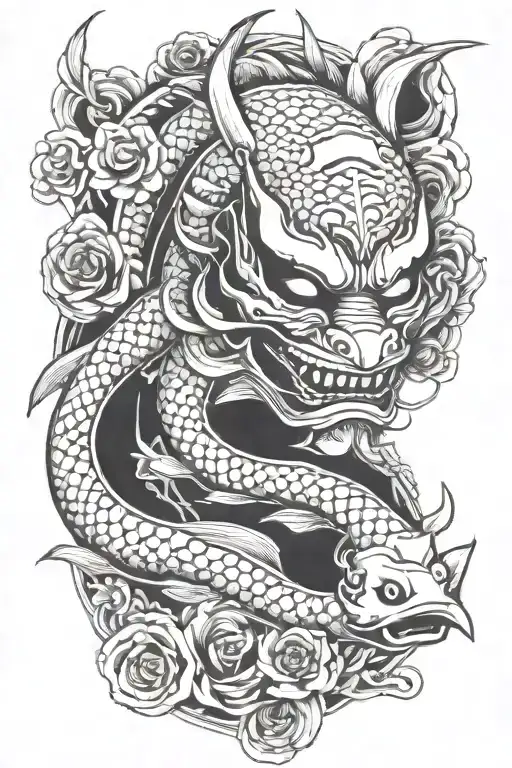 koi fish swimming oni mask katana shogun mask tattoo design idea