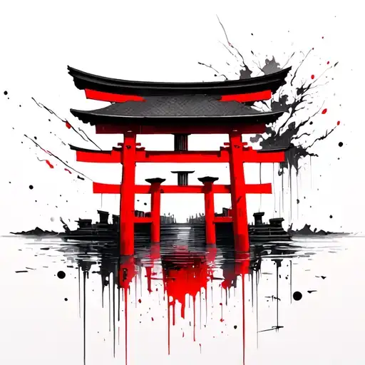 japanese house, torii gate red, water tattoo design idea