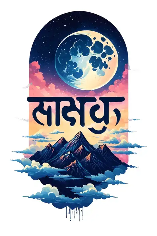 "करुणा" mountain moon above clouds floating tattoo design idea
