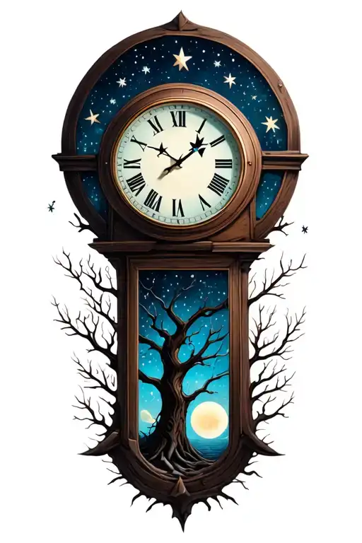 leafless tree clock stars tattoo design idea